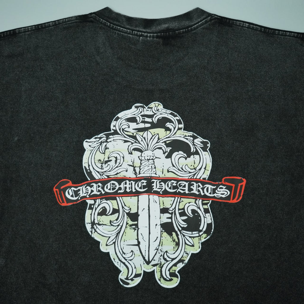 Black short-sleeve T-shirt back graphic with ornate crest and red banner