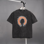 Back graphic short-sleeve T-shirt in dark gray with large round orange emblem