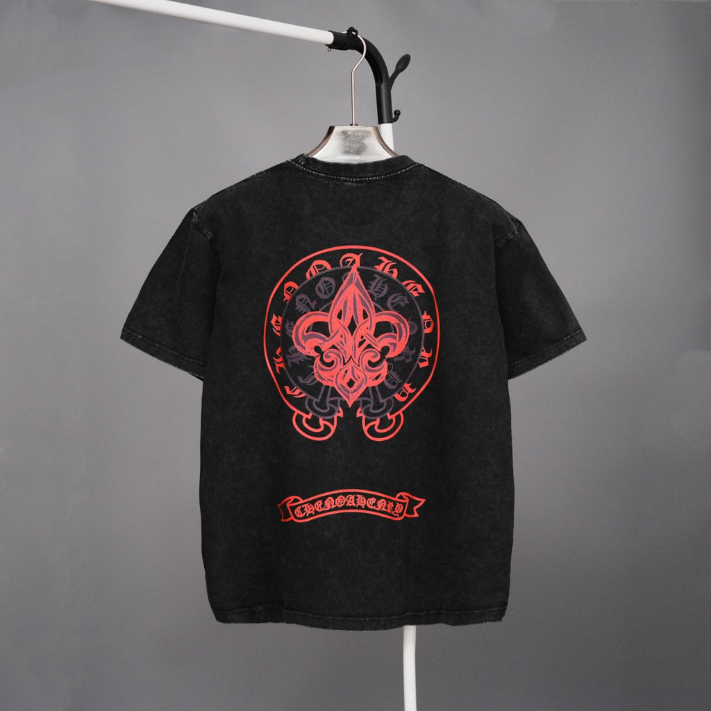 Black short-sleeve T-shirt with large red back graphic and red ribbon-style text
