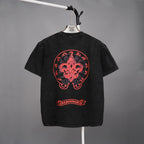 Black short-sleeve T-shirt with large red back graphic and red ribbon-style text
