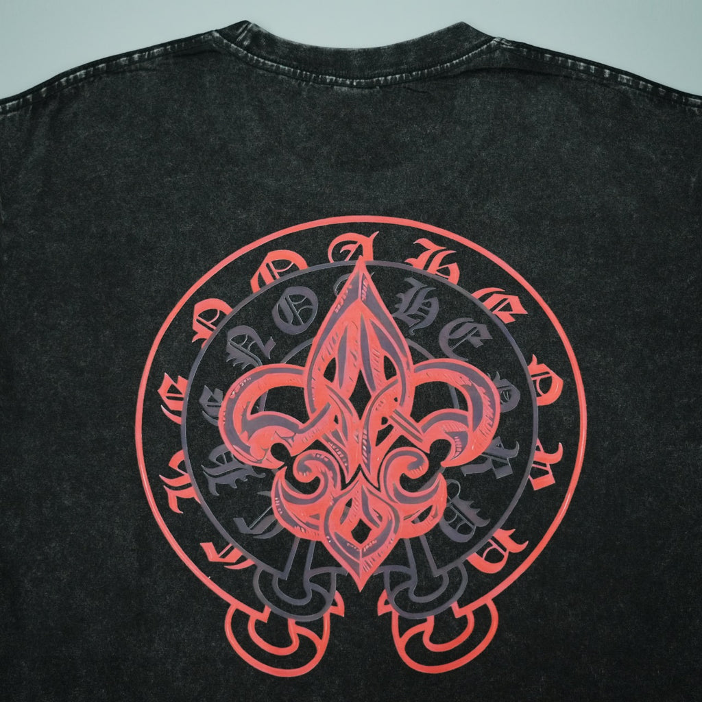 Black short-sleeve T-shirt back with large red fleur-de-lis style emblem