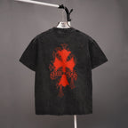 Dark short-sleeve T-shirt with large centered red back graphic