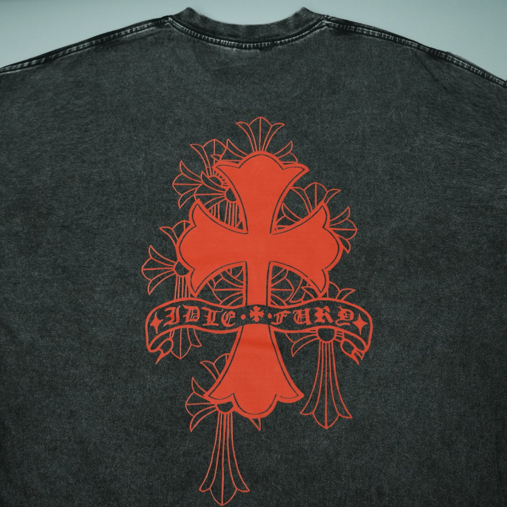 Dark short-sleeve T-shirt with large orange-red centered graphic