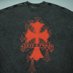 Dark short-sleeve T-shirt with large orange-red centered graphic