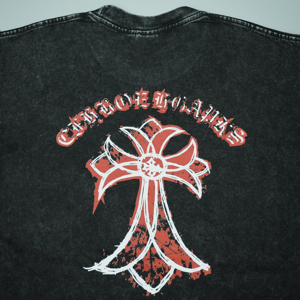 Black T-shirt back graphic with red and white design