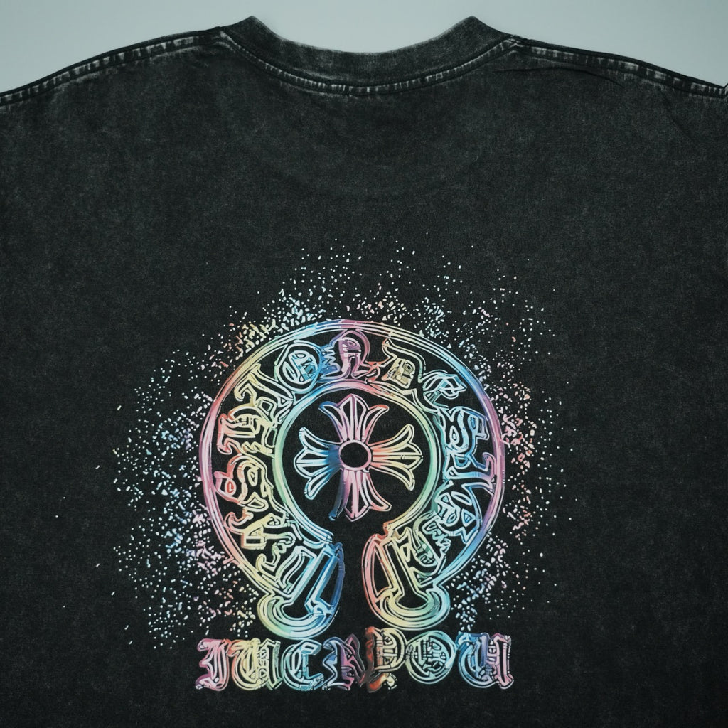 Black short-sleeve T-shirt front graphic with colorful skull design