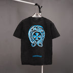 Black short-sleeve T-shirt with large blue back graphic on a hanger