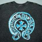 Black short-sleeve T-shirt front graphic featuring a large blue circular logo