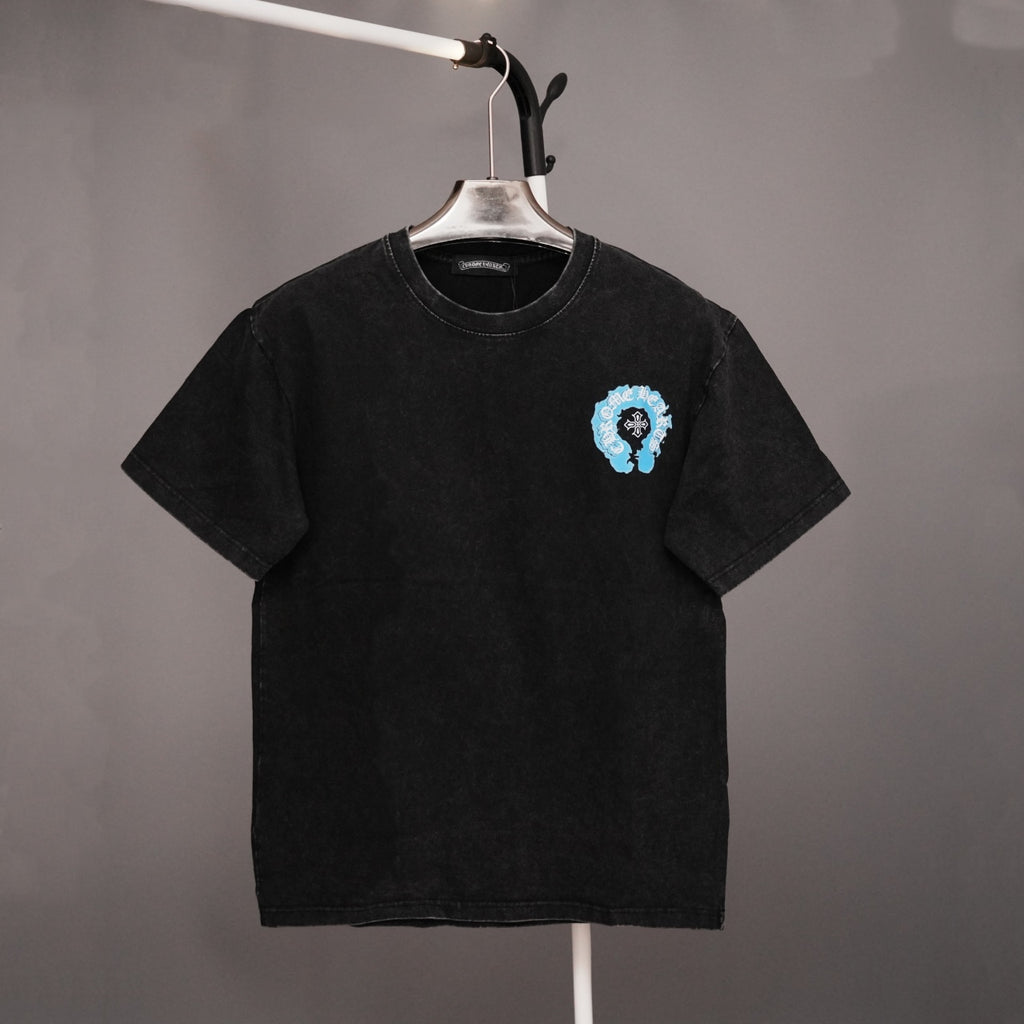 Black short-sleeve T-shirt with small blue graphic on left chest