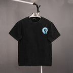 Black short-sleeve T-shirt with small blue graphic on left chest