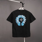 Black short-sleeve T-shirt with large blue graphic on back