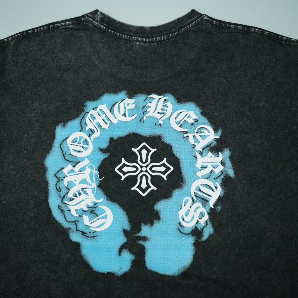 Black T-shirt with large blue and white silhouette graphic