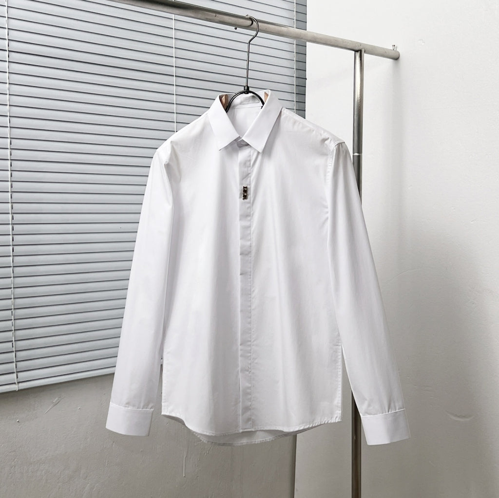 Dior long-sleeve button-front shirt, white, pointed collar, front view