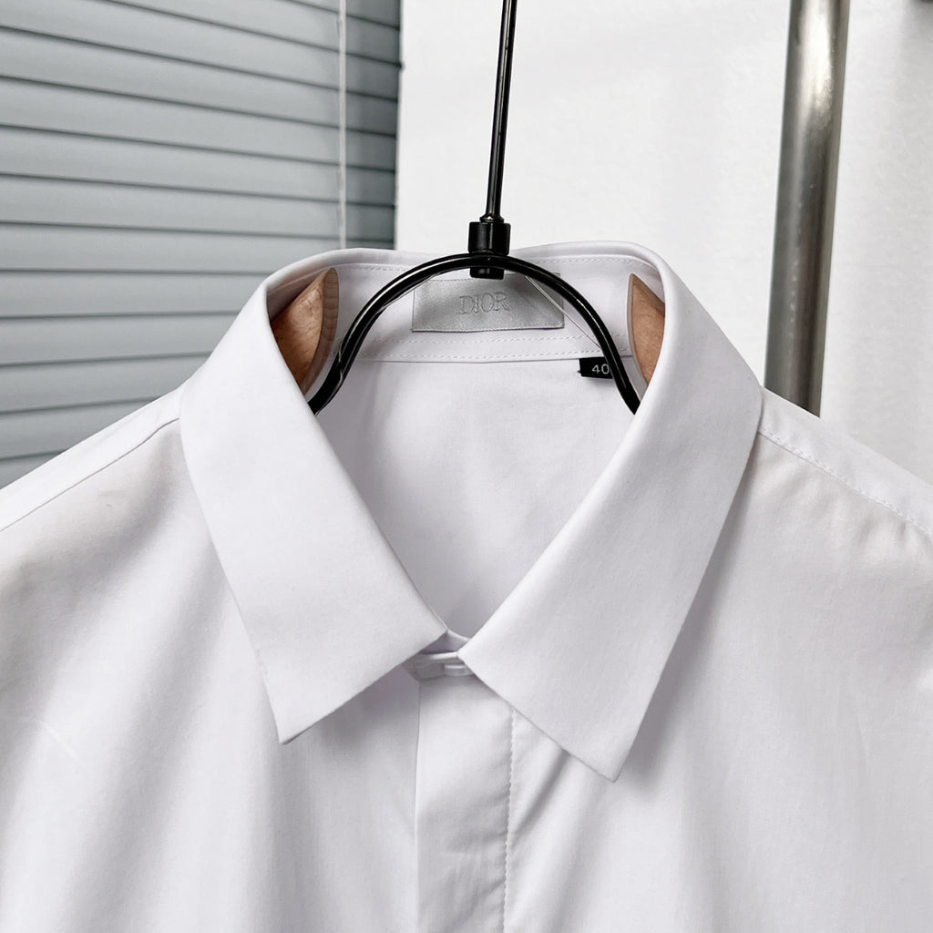 Dior long-sleeve shirt collar and placket, white, close-up on neckline