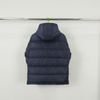 Dark navy hooded puffer jacket, back view