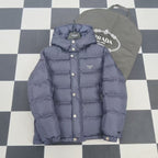 Navy hooded puffer jacket with button front and logo patch
