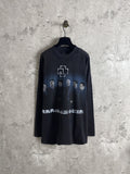 Black long-sleeve crewneck T-shirt with front graphic print and crew neckline
