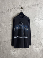 Black long-sleeve crewneck T-shirt with front graphic print and crew neckline