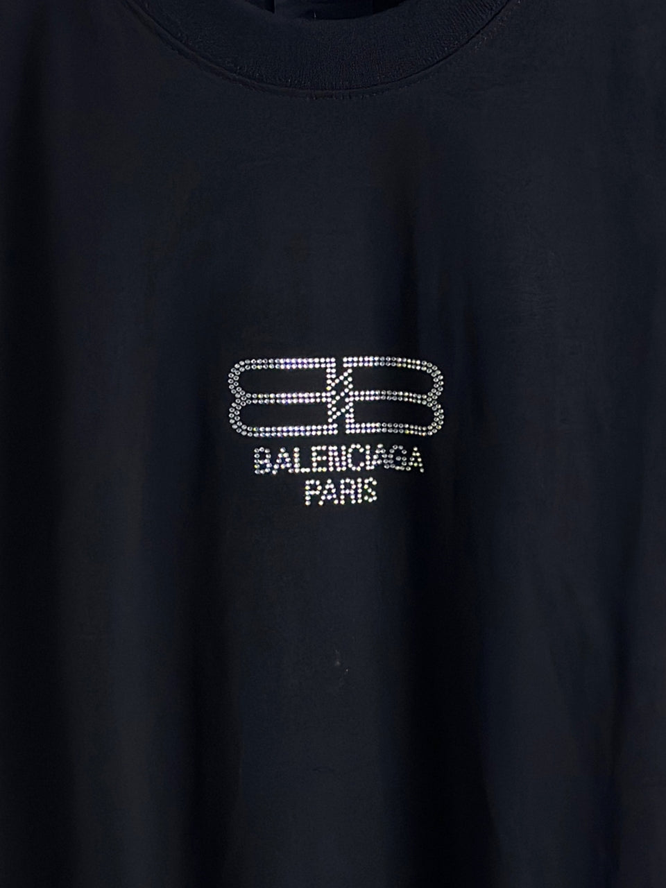 Black long-sleeve T-shirt with rhinestone BALENCIAGA logo graphic on chest
