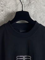 Long-sleeve crewneck shirt with ribbed collar and rhinestone logo at chest