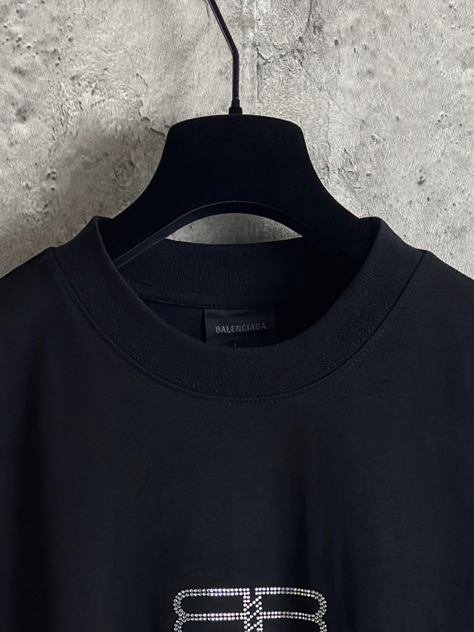 Black long-sleeve T-shirt with crew neck and rhinestone BALENCIAGA logo