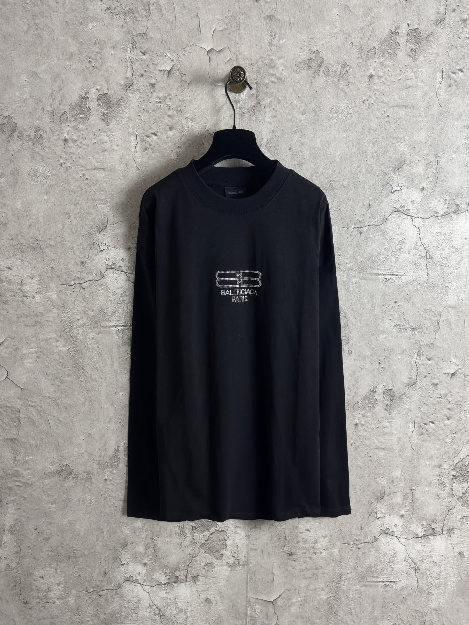Long-sleeve crewneck shirt with rhinestone Balenciaga logo on dark front