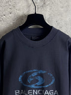 Balenciaga dark blue crewneck long-sleeve top with front logo graphic and collar