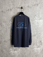 Balenciaga long-sleeve crewneck top in dark blue with front logo and sleeve print