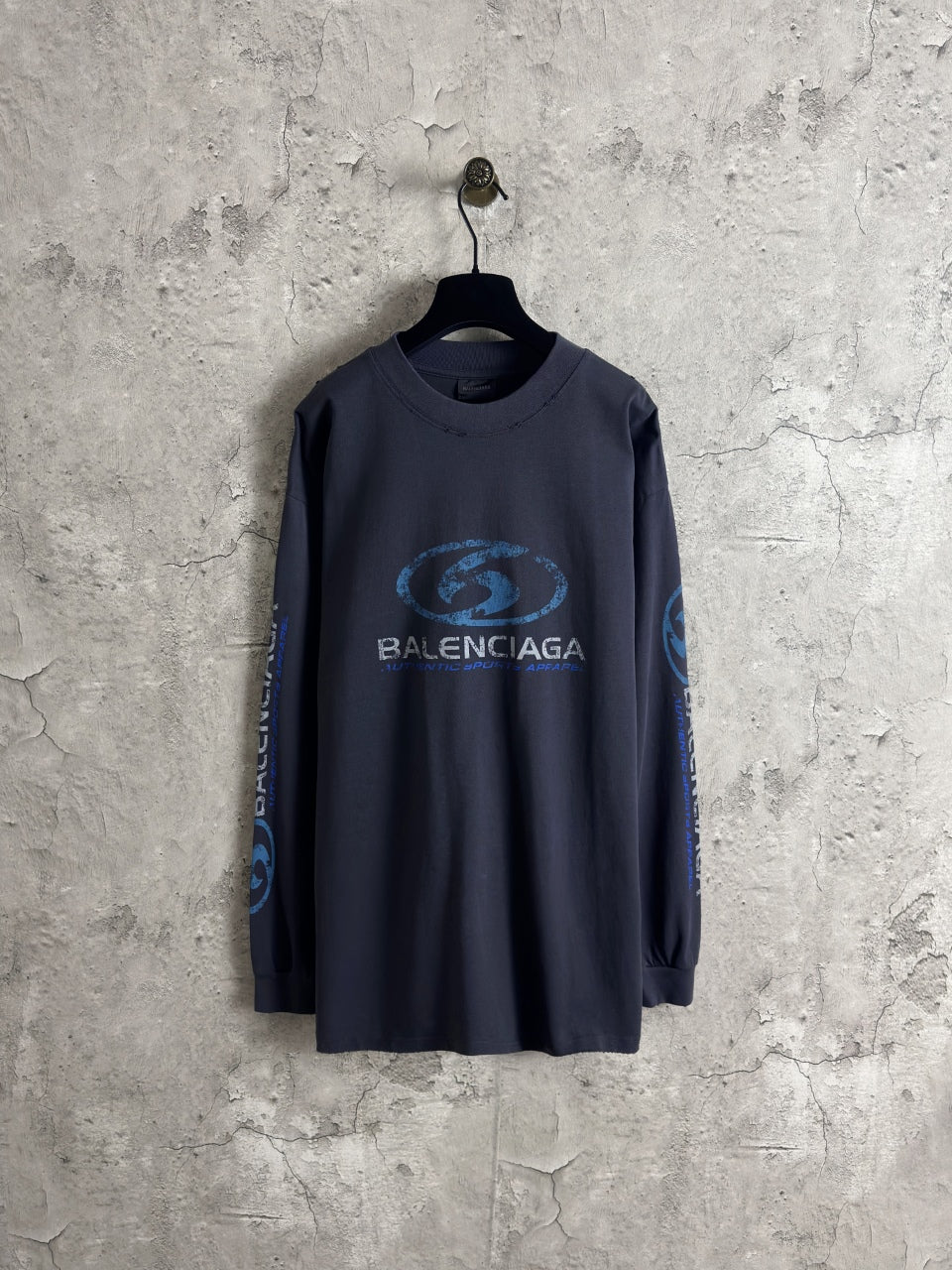 Balenciaga long-sleeve crewneck top in dark blue with large front logo print