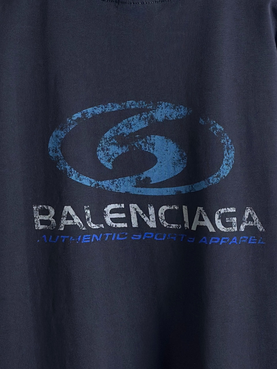 Balenciaga dark blue crewneck top with large oval logo and BALENCIAGA lettering