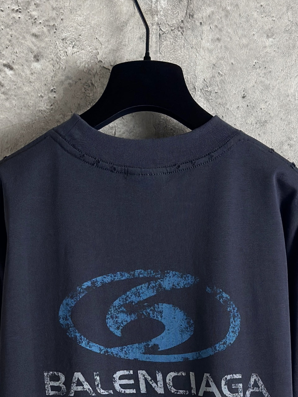 Balenciaga long-sleeve crewneck top in dark blue with central oval logo print