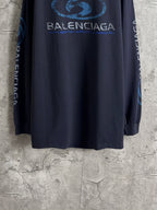 Balenciaga dark blue long-sleeve top with back logo placement and sleeve prints