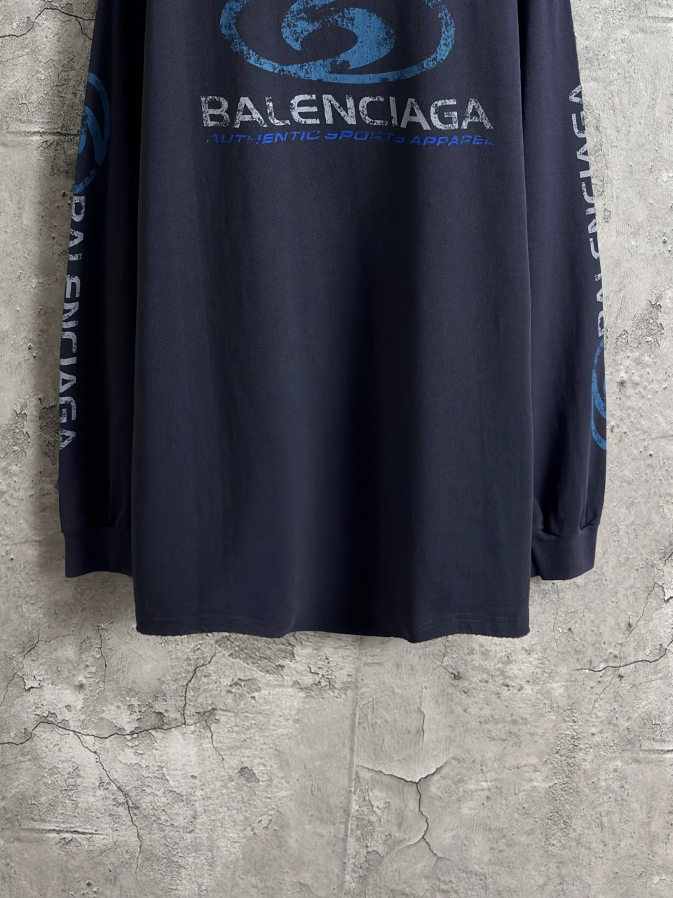 Balenciaga dark blue long-sleeve top with back logo placement and sleeve prints