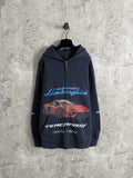Balenciaga navy zip-up hoodie with car and text graphic on front