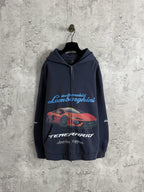 Balenciaga navy zip-up hoodie with car and text graphic on front