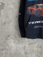 Balenciaga navy hoodie side view with car print and 'TEMERARIO' logo