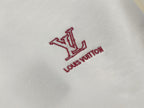 Red Louis Vuitton LV logo and text on white sweatshirt fabric