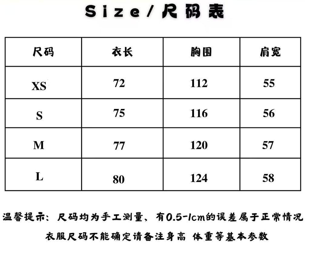 Size chart table with XS to L measurements for length, chest, and shoulder