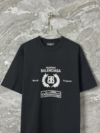 Black short-sleeve T-shirt with large BALENCIAGA emblem graphic and Paris badge