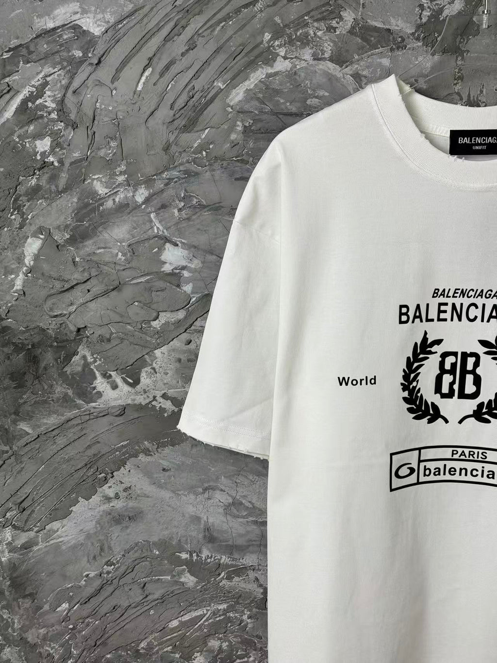 White Balenciaga short-sleeve T-shirt with partial front graphic and logos