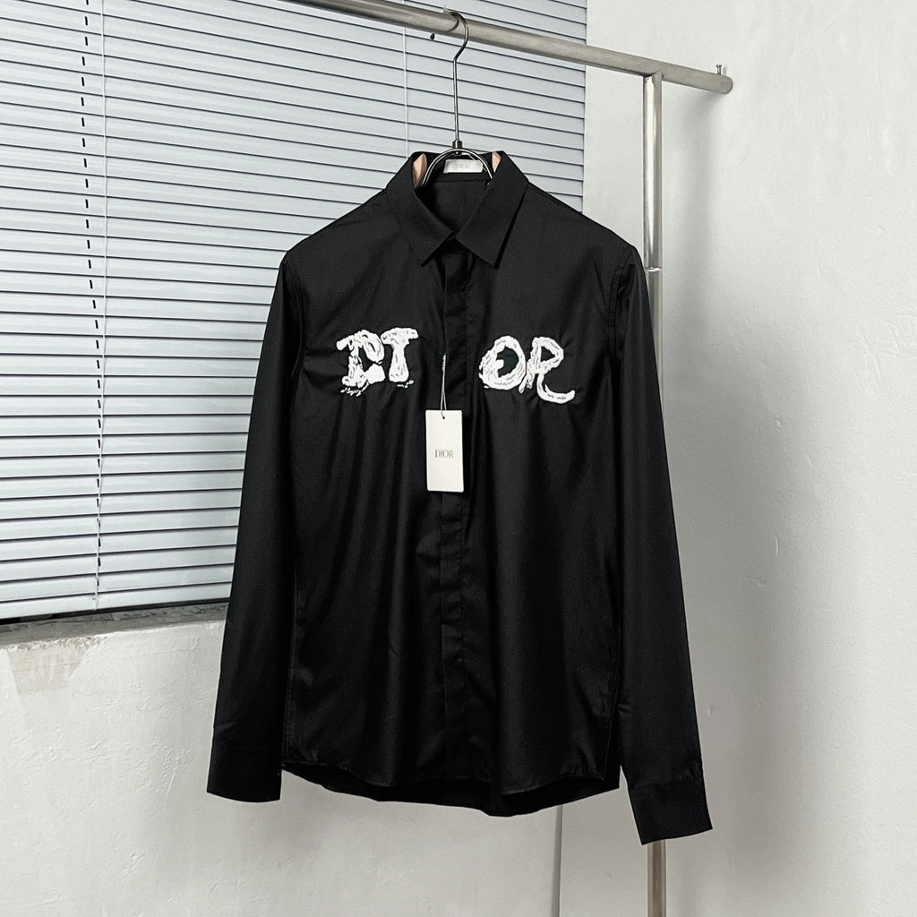 Dior long-sleeve shirt, black with embroidered white logo on the front