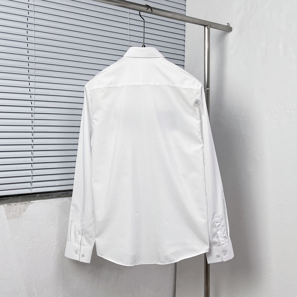 White button-up dress shirt back view with button placket and cuffs