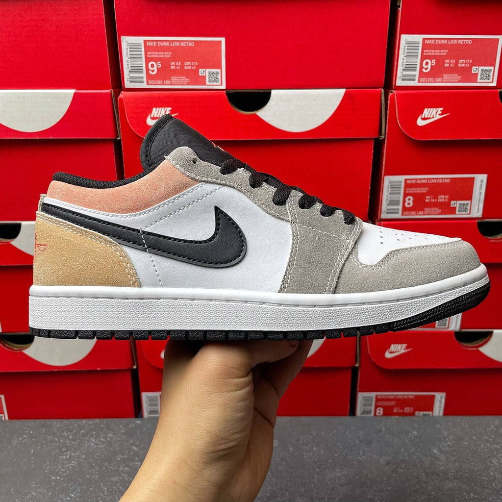 Low-top sneakers, white and gray with black Nike swoosh, lace-up