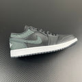 Air Jordan 1 Low sneakers in grey with teal accents, lace-up, white midsole