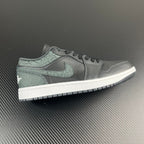 Air Jordan 1 Low sneakers in grey with teal accents, lace-up, white midsole