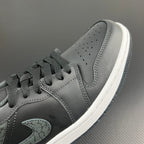 Air Jordan 1 Low toe and laces, grey suede with perforations and teal logo
