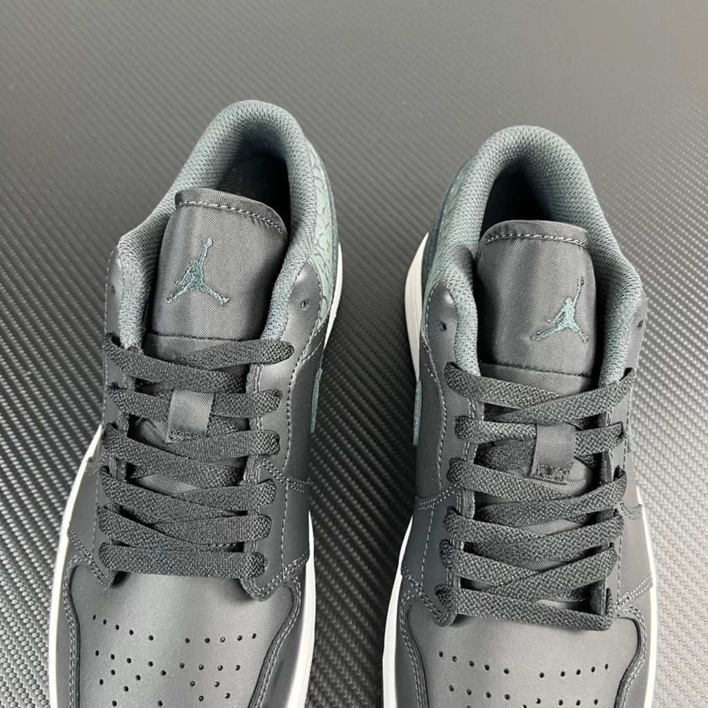 Air Jordan 1 Low sneakers, grey uppers with teal Jordan logo, lace-up
