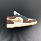 Low-top sneakers with white panels, brown suede, teal laces, yellow Nike swoosh.