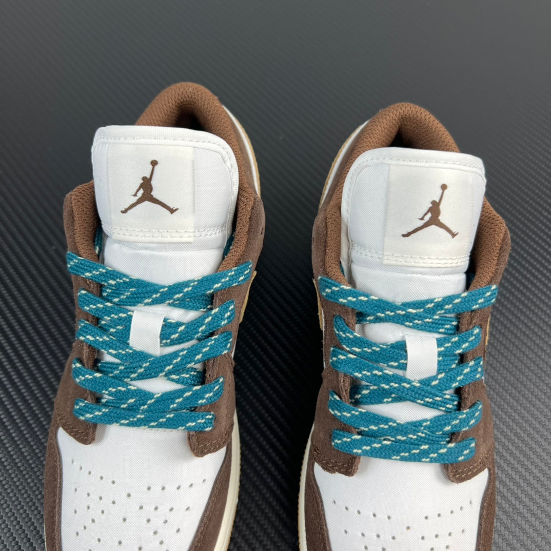 Rear view low-top sneakers showing white collar panels with Jumpman logo.