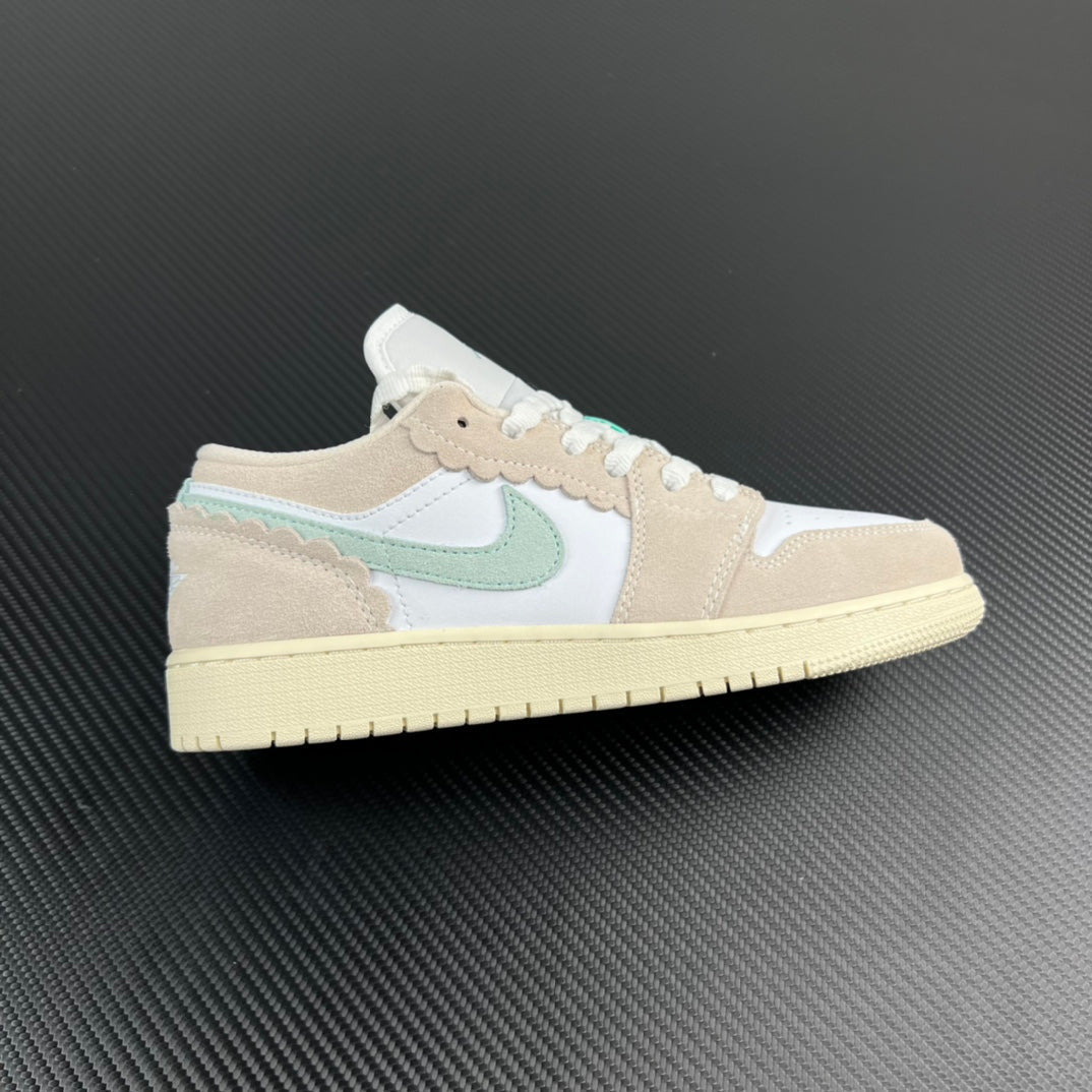 Air Jordan 1 Low sneakers with white, tan and mint swoosh, lace-up.